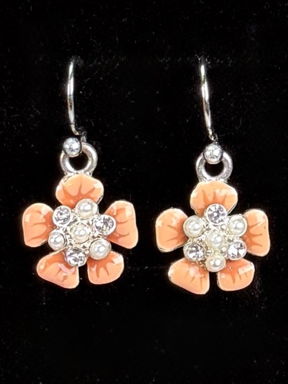 Vintage silvertone bling enamel flower faux pearl pierced earrings